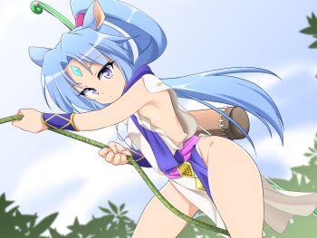 Rule 34 | 10s, 1girl, animal ears, bare arms, bare legs, blue hair, bow (weapon), day, dog days, facial mark, female focus, forehead jewel, gauntlets, hachi (chihagura), horse ears, horse girl, horse tail, long hair, looking at viewer, naked tabard, nipple slip, nipples, no bra, no panties, outdoors, plant, ponytail, purple eyes, quiver, sash, seven arcs, sharu (dog days), solo, tabard, tail, thighs, very long hair, vines, weapon