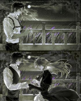 1boy 1girl artist_request ascot belt catherine_(project_moon) chest_harness collared_shirt commission cowboy_shot floating_hair greyscale harness heathcliff_(project_moon) highres holding_hands juliet_sleeves limbus_company long_sleeves monochrome open_mouth pants project_moon puffy_sleeves railing second-party_source shirt spot_color vest