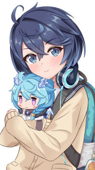 Rule 34 | 1girl, ahoge, backpack, bag, blue bag, blue eyes, blue hair, blue sailor collar, blush, crossed bangs, doll, headphones, headphones around neck, highres, holding, holding doll, lock 003, looking at viewer, princess connect!, sailor collar, sheffy (princess connect!), sheffy (real) (princess connect!), short hair, simple background, smile, solo, white background