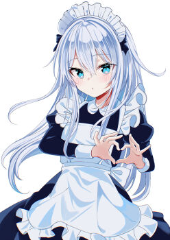 1girl alternate_costume apron aqua_eyes black_dress cowboy_shot dress enmaided fathom four-finger_heart_hands frilled_apron frills grey_hair heart heart_hands hibiki_(kancolle) highres kantai_collection long_hair maid maid_headdress simple_background solo white_apron white_background
