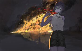 1girl absurdres arm_behind_back black_ribbon black_shorts black_skirt blood breasts chainsaw_man collared_shirt commentary english_commentary explosion green_eyes hair_between_eyes highres izaru_31 looking_at_viewer medium_breasts neck_ribbon outdoors reze_(chainsaw_man) ribbon shirt short_hair shorts skirt smoke solo white_shirt