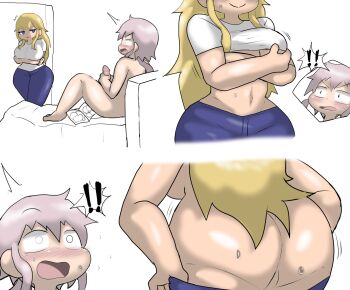 ! !! 1boy 1girl age_difference ass bed bedroom blonde_hair blue_eyes blush breasts caught chichi_chichi chintauro clothed_female_nude_male couple curvy denim enigi09 full_body grey_eyes grey_hair hair_between_eyes height_difference highres huge_ass imminent_penetration indoors interrupted jeans large_breasts long_hair magazine_(object) male_masturbation masturbation nude on_bed open_door open_mouth pants penis ponytail porn_magazine shiny_skin shirt short_male shota simple_background smile source_request standing surprised sweat taking_off_shirt tall_female undressing viewing_pornography walk-in white_background white_shirt yorozu_hikaru you_gonna_get_raped