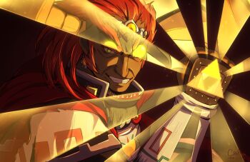 1boy artist_name chaendeulleo circlet clenched_hand commentary english_commentary ganondorf green_eyes grin hand_up highres male_focus nintendo red_hair smile the_legend_of_zelda the_legend_of_zelda:_ocarina_of_time triforce upper_body