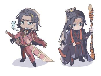 2boys black_coat black_eyes black_hair black_hanfu black_shoes chinese_clothes cigar coat coat_on_shoulders gloves grin gunblade half_updo hanfu highres holding holding_staff holding_sword holding_weapon jia_qiu_(project_moon) lei_heng_(project_moon) limbus_company multiple_boys pants pink_coat pink_gloves pink_pants project_moon rowsic shoes simple_background smile smoke smoking staff sword weapon white_background