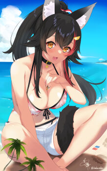 Rule 34 | 2girls, animal ear fluff, animal ears, beach, belt collar, bikini, black collar, black hair, cloud, collar, collarbone, commentary request, fang, flying sweatdrops, giant, giantess, highres, hololive, inaba oden, multiple girls, ocean, ookami mio, ookami mio (hololive summer 2019), oozora subaru, oozora subaru (hololive summer 2019), open fly, open mouth, palm tree, person between breasts, shadow, shorts, sitting, size difference, sky, swimsuit, tail, tree, white shorts, yellow eyes