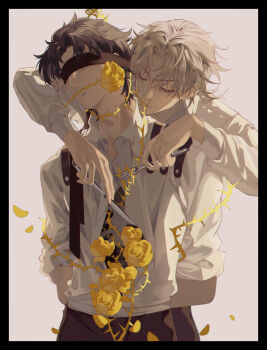 2boys absurdres arms_behind_back black_hair black_pants blindfold bound closed_eyes dio_brando flower flower_in_mouth fork highres holding holding_fork ibex jojo_no_kimyou_na_bouken jonathan_joestar knife multiple_boys pants petals rose short_hair thorns white_hair yaoi yellow_flower yellow_rose