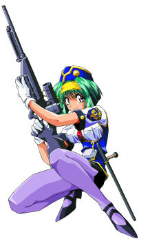 1990s_(style) 1girl baton_(weapon) belt breasts burn-up burn-up_excess female_focus full_body gloves green_hair gun hairband hat headband highres jinguu_maya large_breasts legs nightstick official_art pantyhose police police_hat police_uniform policewoman purple_eyes purple_pantyhose retro_artstyle rifle shirt shoes short_hair simple_background skirt smile sniper sniper_rifle solo squatting stun_baton tonfa weapon white_background yamashita_toshinari