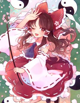 1girl ascot blue_ascot blush bow brown_eyes brown_hair commentary_request detached_sleeves falling_petals frilled_bow frilled_hair_tubes frilled_skirt frills gohei hair_bow hair_tubes hakurei_reimu highres holding holding_gohei long_hair mozukuzu_(manukedori) one_eye_closed open_mouth orb petals phantasmagoria_of_flower_view pink_petals red_bow red_skirt ribbon-trimmed_skirt ribbon-trimmed_sleeves ribbon_trim skirt skirt_set smile solo touhou yin_yang yin_yang_orb