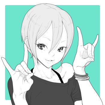 1girl absurdres border bra_strap commentary_request double_fox_shadow_puppet female_focus fingernails fox_shadow_puppet green_theme hair_between_eyes halterneck hands_up highres idolmaster idolmaster_cinderella_girls looking_at_viewer monochrome parted_lips ringed_eyes shirt short_hair short_sleeves shuuko single_bare_shoulder smile solo tocky upper_body white_border wristband