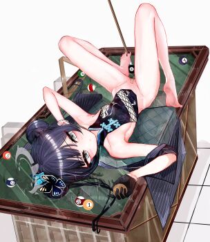 1girl a1u absurdres armpits ball bandaid bandaid_on_pussy bare_legs barefoot billiard_ball black_gloves black_hair black_jacket black_nails blue_archive blush bottomless braid braided_base braided_bun breasts bun_with_braided_base butterfly_hair_ornament china_dress chinese_clothes closed_mouth coat commentary double_bun dragon_print dress earrings feet gloves grey_eyes grey_halo hair_bun hair_ornament half_gloves halo hands_up highres holding_with_feet jacket jewelry kisaki_(blue_archive) knees_up loli long_hair looking_at_viewer lying nail_polish no_nose on_back open_clothes open_coat piercing pinstripe_jacket pinstripe_pattern pool_table print_dress revision sideboob sleeveless sleeveless_dress small_breasts soles solo striped_clothes striped_jacket table toenail_polish toenails toes twintails vertical-striped_clothes vertical-striped_jacket very_long_hair
