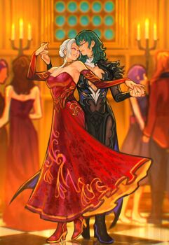 Rule 34 | 1boy, 4girls, 5girls, alternate costume, alternate hairstyle, bare shoulders, bernadetta von varley, bernadetta von varley (timeskip), black dress, breasts, candle, cleavage, closed mouth, commentary, dancing, detached sleeves, dorothea arnault, dorothea arnault (timeskip), dress, edelgard von hresvelg, edelgard von hresvelg (timeskip), english commentary, female byleth (fire emblem), ferdinand von aegir, ferdinand von aegir (timeskip), fire emblem, fire emblem: three houses, green hair, high heels, highres, holding hands, indoors, large breasts, long hair, looking at another, medium breasts, multiple girls, nintendo, petra macneary, petra macneary (timeskip), purple eyes, red dress, red shoes, sethkiel, shoes, smile, strapless, strapless dress, white hair, yuri