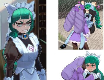 2girls ^_^ angry apron audrahni black_dress blush bow bowtie braid braided_ponytail brown_eyes clenched_teeth closed_eyes dark-skinned_female dark_skin dress fascinator fence frown green_hair hair_ornament heart highres jacinthe_(pokemon) juliet_sleeves kiss lebanne_(pokemon) long_braid long_hair long_sleeves looking_at_viewer low_drills maid_apron maid_headdress multiple_girls nintendo parted_lips pokemon pokemon_legends:_z-a puffy_sleeves purple_dress purple_hair pursed_lips scowl sharp_teeth single_braid teeth v-shaped_eyebrows very_dark_skin white_bow white_bowtie yuri