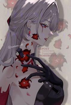 Rule 34 | 1girl, acheron (honkai: star rail), black gloves, blood, bloody tears, breasts, colored extremities, earrings, english text, floral background, flower, from side, gloves, hair ornament, highres, honkai: star rail, honkai (series), jewelry, large breasts, long hair, nukoxx 02, parted lips, red eyes, red flower, signature, single earring, strap, white hair