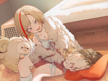 1girl :3 :d angry arm_support bed blue_bow blue_eyes blue_gemstone blue_nightgown blush bow breasts brown_cat brown_hair cat chest_bow cleavage collarbone commission cushion dutch_angle feet_out_of_frame furrowed_brow gem glint hand_on_animal hand_on_another&#039;s_knee hashtag-only_commentary highres indoors jacket jewelry kurusu_natsume kurusu_natsume_(3rd_costume) long_sleeves looking_at_animal looking_down looking_to_the_side medium_breasts mei_(kurusu_natsume) multicolored_hair nightgown nijisanji on_floor open_mouth pendant pet_carrier petting red_hair sheep short_hair side_part single_bare_shoulder single_off_shoulder sitting skeb_commission smile solid_circle_eyes streaked_hair towel_kawata two-tone_hair v-shaped_eyebrows virtual_youtuber white_jacket wrist_bow