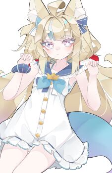 Rule 34 | 1girl, absurdres, ahoge, animal ear fluff, animal ears, berrychan00, blonde hair, blue eyes, blue sailor collar, blue streaks, blush, cat ears, closed mouth, dress, fins, fish girl, fish tail, frilled sailor collar, frills, hashtag-only commentary, highres, indie virtual youtuber, long hair, looking at viewer, low twintails, multicolored hair, paw pose, sailor collar, sameko saba, sameko saba (1st costume), scrunchie, shirt, simple background, solo, streaked hair, tail, twintails, very long hair, virtual youtuber, white dress, white shirt, wrist scrunchie