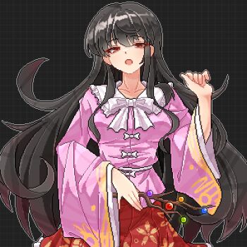 1girl black_hair branch eaglov floral_print highres houraisan_kaguya jeweled_branch_of_hourai long_hair long_sleeves looking_at_viewer open_mouth pink_shirt pixel_art red_eyes red_skirt shirt skirt solo touhou wide_sleeves