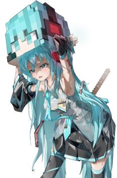 1girl absurdres aqua_eyes aqua_hair aqua_necktie armpits black_skirt black_sleeves chinese_commentary collared_shirt commentary_request cowboy_shot detached_sleeves grey_shirt hatsune_miku headset highres long_hair magic0daily minecraft necktie number_tattoo parted_lips pickaxe pleated_skirt shirt simple_background skirt solo sweat tattoo very_long_hair vocaloid white_background