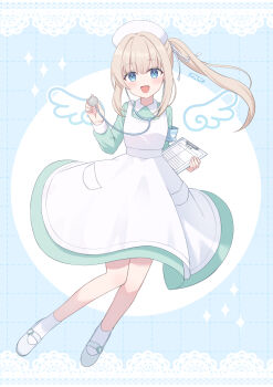 Rule 34 | 1girl, :d, apron, aqua dress, armband, artist name, blonde hair, blue armband, blue eyes, clipboard, commentary request, drawn whiskers, dress, full body, furutori, hair intakes, hat, highres, holding, holding clipboard, holding stethoscope, light blush, long hair, looking at viewer, mary janes, nurse, nurse cap, open mouth, original, ponytail, shoes, sidelocks, smile, solo, sparkle, stethoscope, white apron, white shoes