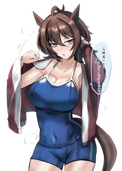 1girl absurdres agnes_tachyon_(umamusume) ahoge animal_ears blue_one-piece_swimsuit blush breasts brown_hair cleavage commentary_request competition_school_swimsuit covered_navel hair_between_eyes highres horse_ears horse_girl horse_tail jacket kanikama25 large_breasts long_sleeves looking_at_viewer medium_hair one-piece_swimsuit open_clothes open_jacket open_mouth red_eyes red_jacket school_swimsuit simple_background single_vertical_stripe solo swimsuit tail tracen_swimsuit umamusume