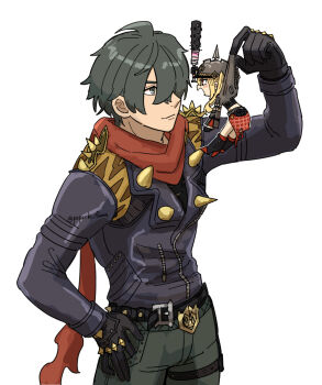 1boy 1girl artist_name baseball_bat belt belt_buckle black_belt black_boots black_gloves black_jacket black_shorts blonde_hair boots buckle closed_mouth combat_helmet commentary_request cowboy_shot cropped_jacket gloves green_eyes green_hair green_pants grey_helmet grey_jacket hair_over_one_eye hand_on_own_hip hand_up helmet high_heel_boots high_heels highres holding holding_baseball_bat holding_mini_person jacket leather leather_jacket lighter_(zenless_zone_zero) long_hair long_sleeves looking_at_another luciana_de_montefio mini_person minigirl one_eye_covered open_mouth pants parted_bangs pickelhaube popochi_fuwa red_eyes red_scarf scarf short_hair short_shorts shorts side_ponytail sidelocks simple_background smile spiked_jacket spikes standing thigh_strap torn_clothes torn_scarf twitter_username v-shaped_eyebrows white_background zenless_zone_zero