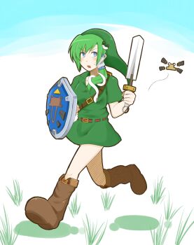 1girl alternate_costume belt belt_buckle blue_eyes boots brown_belt brown_boots buckle collared_shirt cosplay doraneko_(yuxtukurisiteixtutenee) dot_nose frog_hair_ornament full_body grass green_hair green_hat green_tunic hair_ornament hair_tubes hat highres holding holding_shield holding_sword holding_weapon kochiya_sanae link link_(cosplay) navi nintendo onbashira open_mouth pyonta shield shirt single_hair_tube single_sidelock snake_hair_ornament solo sweatdrop sword teeth the_legend_of_zelda the_legend_of_zelda:_ocarina_of_time touhou tunic upper_teeth_only v-shaped_eyes weapon