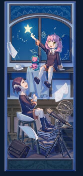 2girls anya_(spy_x_family) becky_blackbell book boots braid briefcase brown_eyes brown_hair child cleavage_cutout clothing_cutout constellation desk green_eyes highres indoors long_sleeves looking_up multiple_girls necktie niao_de night paper pink_hair reaching school_uniform sitting sky spy spy_x_family star_(sky) star_(symbol) starry_sky stool telescope twintails