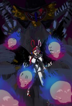 1girl 1other absurdres artist_request aura bare_legs black_ribbon black_wings breasts buttons cowboy_shot creature creepy demon devil_fruit dress empty_eyes evil_grin evil_smile eyelashes fangs floating_hair frilled_dress frills gradient_background grin hair_over_one_eye hair_rings hat headphones highres lips long_hair long_sleeves looking_at_viewer multicolored_hair music musical_note neck_ribbon one_piece one_piece_film:_red open_clothes open_mouth puffy_long_sleeves puffy_sleeves purple_eyes red_hair ribbon runes shaded_face sharp_teeth sidelocks size_difference skull sleeves_past_wrists smile split-color_hair summoning teeth tot_musica_(one_piece) two-tone_hair uta_(one_piece) white_dress white_hair wide_hips wings yandere