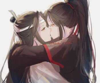 2boys black_hair black_hanfu blush brown_hair chinese_clothes closed_eyes commentary_request couple from_side hair_ribbon half-closed_eyes hand_on_another's_head hanfu headband high_ponytail hug kiss lan_wangji long_hair looking_at_another male_focus modao_zushi multiple_boys nekohashi_ru ponytail profile red_ribbon ribbon robe sidelocks simple_background topknot twitter_username upper_body wei_wuxian white_background white_hanfu white_headband xiao_guan_(headdress) yaoi yellow_eyes