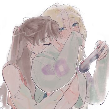 2girls aqua_hoodie blonde_hair blue_eyes blue_hair blush breasts brown_hair closed_eyes clothes_lift commentary controller covering_own_mouth dress fujishima_megumi full-face_blush game_controller grabbing_another's_breast grabbing_from_behind gradient_hair groping hair_down hand_over_own_mouth holding holding_controller holding_game_controller hood hoodie hoodie_lift light_blue_hair link!_like!_love_live! long_hair long_sleeves love_live! multicolored_hair multiple_girls official_alternate_costume osawa_rurino osawa_rurino_(winter_loungewear) parted_bangs pinafore_dress pink_dress pipi_(m1x_mix) shirt simple_background sleeveless sleeveless_dress sleeves_past_wrists small_breasts sweat tears two_side_up virtual_youtuber white_background white_shirt yuri