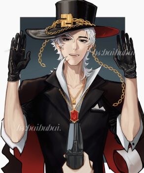 1boy 1other :d absurdres aegyo_sal animification at_gunpoint black_eyes black_gloves black_hat black_jacket border bright_pupils chain chain_necklace chinese_commentary collarbone collared_shirt commentary_request earrings fang gem gloves gold_necklace gold_ring grey_background gun hair_between_eyes handgun hands_up hat henry_stickmin henry_stickmin_(series) highres holding holding_gun holding_weapon jacket jewelry laobaibaibaibai layered_sleeves lofter_username male_focus medium_hair mole mole_under_eye necklace open_mouth outside_border pov pov_hands red_gemstone red_pupils ring shirt simple_background smile solo_focus straight-on stud_earrings teeth thick_eyebrows three-quarter_sleeves top_hat upper_body upper_teeth_only weapon white_border white_hair white_shirt