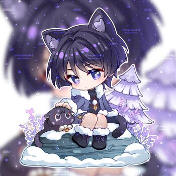 1boy animal_ear_fluff animal_ears animalization arms_at_sides artist_name black_cat black_hair black_shirt black_shoes blunt_ends blurry blurry_background blush cat cat_boy cat_ears cat_tail closed_mouth commentary_request cross-laced_shoes eyelashes eyeliner eyeshadow feathers fur-trimmed_jacket fur-trimmed_shoes fur_collar fur_trim genshin_impact grey_jacket grey_sleeves hair_intakes highres jacket looking_at_animal makeup male_focus open_clothes open_jacket person_and_animalization petting plant pom_pom_(clothes) pumpkinjakk purple_eyes red_eyeliner red_eyeshadow rock sample_watermark scaramouche_(cat)_(genshin_impact) scaramouche_(genshin_impact) shirt shoes sitting snow sparkle string tail tree undershirt watermark wispy_bangs yellow_feathers zoom_layer