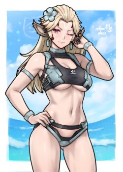 1girl animal_ears artist_name bikini black_bikini blonde_hair border breasts cleavage cleavage_cutout clothing_cutout commentary earrings english_commentary facial_mark flower hair_flower hair_ornament highres jewelry long_hair looking_at_viewer medium_breasts navel neilnail_(xenoblade) ocean red_eyes rotomdocs solo swimsuit white_border xenoblade_chronicles_(series) xenoblade_chronicles_x
