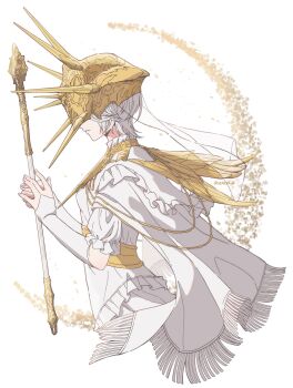 1boy closed_mouth cropped_torso dark_souls_(series) dark_souls_i dark_sun_gwyndolin detached_sleeves dress frills from_side highres holding holding_staff long_hair profile short_hair simple_background solo staff susukeya white_background white_dress white_hair