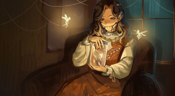 1girl braces brown_eyes brown_hair commentary couch creature dark_background dress english_commentary fairy fragrance_(freakyduck9000) glowing highres holding holding_jar indoors jar long_hair looking_at_object on_couch red_dress reverse:1999 shirt sitting sleeveless sleeveless_dress solo tooth_fairy_(reverse:1999) upper_body white_shirt window