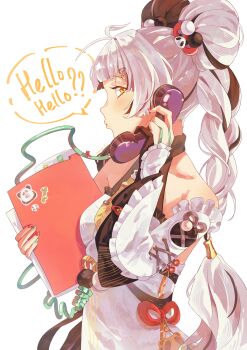 1girl absurdres antenna_hair aqua_nails bare_shoulders black_hair blush braid braided_twintails china_dress chinese_clothes collarbone commentary corded_phone detached_sleeves dialyn_(zenless_zone_zero) double_bun dress english_text folder from_side hair_bun hair_extensions hair_ornament hairclip highres holding holding_folder holding_phone long_hair multicolored_hair multicolored_nails necktie o3o panda_hair_ornament pempi phone red_nails ring_hair_extensions simple_background solo speech_bubble split-color_hair symbol-only_commentary talking_on_phone upper_body white_background white_dress white_hair wire yellow_eyes yellow_necktie zenless_zone_zero