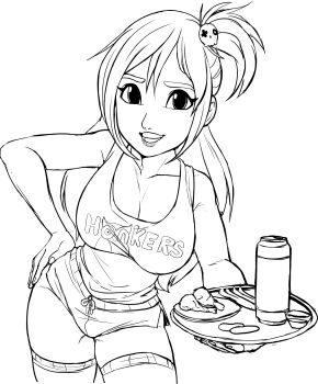 beer_can breasts can cleavage dead_or_alive drink_can food hair_ornament hand_on_own_hip highres honoka_(doa) hooters large_breasts looking_at_viewer serving_tray short_shorts shorts side_ponytail sketch skull_hair_ornament tank_top teevo thighhighs thighs
