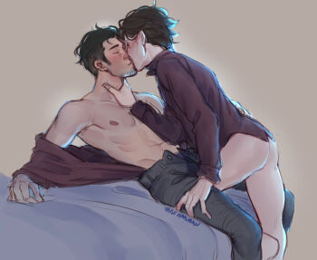 2boys arcane:_league_of_legends arcane_jayce artist_name ass black_shirt blouse brown_background brown_hair closed_eyes collarbone facial_hair facing_another from_side goatee highres jayce_(league_of_legends) kiss league_of_legends male_focus multiple_boys open_pants pants shirt short_hair sketch stubble triple_moonbow viktor_(arcane) viktor_(league_of_legends) yaoi