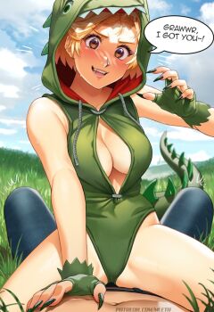 1girl 1other black_pants blonde_hair breasts brown_eyes cleavage cloud cloudy_sky commentary day dinosaur_costume english_commentary fingerless_gloves fingernails girl_on_top gloves grass green_gloves green_leotard hood hood_up hooded_leotard leotard looking_at_viewer mleth navel on_ground open_mouth original outdoors pants pov sharp_fingernails short_hair sky speech_bubble stina_(mleth) watermark web_address