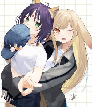 2girls absurdres animal_ear_fluff animal_ears baseball_cap blue_hat blue_shorts brown_eyes brown_hair cho_kaguya-hime! commentary crescent crescent_hat_ornament cropped_shirt denim denim_headwear denim_shorts extra_ears facial_mark forehead_mark fox_ears green_eyes grey_jacket grid_background hat hat_ornament highres holding holding_unworn_clothes holding_unworn_hat hug hug_from_behind jacket kaguya_(cho_kaguya-hime!) looking_at_viewer lop_rabbit_ears midriff multiple_girls one_eye_closed open_clothes open_jacket own_hands_together purple_hair rabbit_ears rabbit_hat_ornament sakayori_iroha shirt shorts simple_background undershirt unworn_hat unworn_headwear urtk07 v white_shirt yuri
