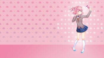 1girl :t arm_up blazer blue_skirt blush breasts brown_sweater_vest button_gap buttons camera_flash cellphone cheek_poking collared_shirt commentary contrapposto doki_doki_literature_club doki_doki_literature_club doki_doki_literature_club_school_uniform dress_shirt english_commentary eyebrows_hidden_by_hair fingernails floating_hair full_body game_cg grey_jacket hair_intakes hair_ornament hair_ribbon hand_on_own_cheek hand_on_own_face highres holding holding_phone jacket kneehighs leaning_forward legs_apart long_eyelashes long_sleeves looking_at_viewer lucidsky mary_janes miniskirt natsuki_(doki_doki_literature_club) neck_ribbon non-web_source official_art official_wallpaper one_eye_closed parted_bangs phone pink_background pink_eyes pink_hair pleated_skirt poking red_ribbon ribbon satchely school_uniform selfie shirt shoes short_hair sidelocks skirt small_breasts smartphone smile socks solo squchan standing sweater_vest taking_picture thighs tsurime two_side_up v-shaped_eyebrows white_shirt white_socks wing_collar x_hair_ornament