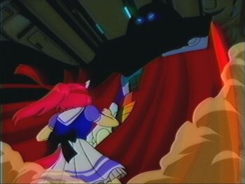 Rule 34 | 1990s (style), 1boy, 1girl, android, animal ears, armor, back, bald, black bow, blue eyes, bow, bowtie, buruma, cape, clenched hands, ear covers, ear ornament, evil eyes, faux retro artstyle, from behind, gloves, glowing, glowing eyes, haru urara (umamusume), headband, highres, horse ears, horse girl, horse tail, indoors, long hair, looking at another, lueduar, mega man (series), mega man x (series), pink hair, pink headband, pleated skirt, ponytail, puffy short sleeves, puffy sleeves, purple sailor collar, purple serafuku, purple shirt, purple skirt, red buruma, red cape, retro artstyle, sailor collar, sailor shirt, school uniform, serafuku, shadow, shirt, short sleeves, sigma (mega man), single ear cover, skirt, summer uniform, tail, tracen school uniform, two-tone skirt, umamusume, vhs artifacts, white bow, white bowtie, white gloves, white skirt