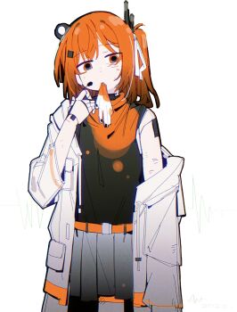 1girl a.i._voice adachi_rei belt black_shirt computer_chip cowboy_shot culottes empty_eyes expressionless gloves grey_shorts hair_ornament hair_ribbon hairclip hashtag-only_commentary headlamp headset highres jacket joints medium_hair mouth_hold nimingduz no_gloves one_side_up open_clothes open_jacket orange_belt orange_eyes orange_hair paint_on_clothes radio_antenna ribbon robot_girl robot_joints shirt shorts single_bare_shoulder sleeveless sleeveless_shirt solo sound_wave turtleneck turtleneck_shirt unworn_gloves utau white_background white_gloves white_jacket white_ribbon