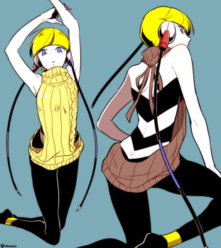 1girl armpits arms_up ass back bare_shoulders blonde_hair blue_background blue_eyes breasts closed_mouth earphones elesa_(pokemon) from_behind gym_leader kneeling leggings legs looking_at_viewer looking_back monochrome multiple_views muu1519 nintendo pantyhose plug pokemon pokemon_bw short_hair simple_background sleeveless sweater turtleneck turtleneck_sweater virgin_killer_sweater