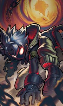 1boy absurdres armband belt_pouch black_boots boots chain floating_island gachiakuta gloves grey_gloves highres hood male_focus nerdman_art pants pouch red_eyes rudo_surebrec shaded_face short_hair solo spiked_hair white_hair white_pants yellow_armband