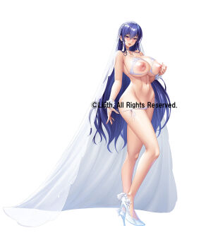 1girl akiyama_rinko alternate_costume blue_hair blush bra breasts bridal_veil bride copyright_name cupless_bra curvy full_body grabbing_own_breast high_heels huge_breasts lilith-soft long_hair looking_at_viewer official_alternate_costume open_mouth panties purple_eyes shiny_skin side-tie_panties smile standing taimanin_(series) taimanin_rpgx taimanin_yukikaze thong thong_panties underwear underwear_only undressing veil very_long_hair white_background wide_hips yumaru_(marumarumaru)