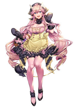 1girl absurdres apron black_footwear blue_eyes bow breasts cleavage colored_skin dress gen_2_pokemon highres horns katagiri_hachigou long_hair miltank mittens nintendo open_mouth personification pink_hair pink_skin pokemon simple_background smile solo tail very_long_hair waist_apron waist_bow white_background