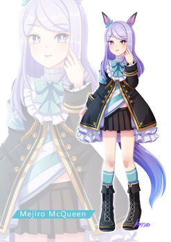 Rule 34 | 1girl, absurdres, animal ears, aqua bow, aqua bowtie, aqua ribbon, aqua socks, black boots, black jacket, black skirt, blush, boots, bow, bowtie, character name, closed mouth, coat, ear bow, ear ribbon, frilled coat, frilled jacket, frills, full body, highres, horse ears, horse girl, horse tail, jacket, konsu (konsu1182da), long hair, long sleeves, looking at viewer, mejiro mcqueen (frontline elegance) (umamusume), mejiro mcqueen (umamusume), pleated skirt, purple eyes, purple hair, ribbon, shirt, simple background, skirt, smile, socks, striped clothes, striped shirt, tail, umamusume, white background, zoom layer