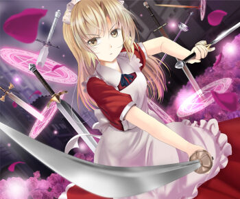 1girl a_(aaaaaaaaaaw) apron blonde_hair dress dual_wielding female_focus hair_ornament hat hexagram holding long_hair magic_circle maid maid_apron maid_headdress reverse_grip ribbon solo summoning touhou touhou_(pc-98) weapon yellow_eyes yumeko_(touhou)