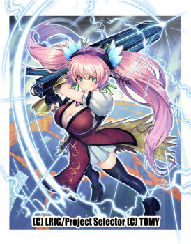 1girl black_gloves black_shoes black_thighhighs border bow breasts cleavage closed_mouth commentary_request copyright_notice gloves green_eyes hair_bow holding holding_weapon ishibashi_yosuke large_breasts long_hair looking_at_viewer magnet_(wixoss) official_art pink_hair red_shirt shirt shoes skirt solo thighhighs twintails weapon white_border white_bow white_skirt wixoss