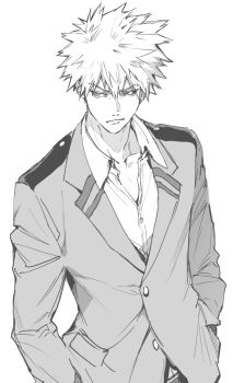 1boy bakugou_katsuki blazer boku_no_hero_academia buttons closed_mouth collared_shirt commentary_request greyscale hand_in_pocket jacket lapels male_focus monochrome renorenoko school_uniform shirt short_hair simple_background solo spiked_hair u.a._school_uniform upper_body white_background